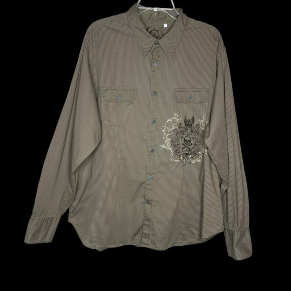 Guess Y2K‎ Button Down Shirt Skull Graphics Mens XXL Grunge Rocker 90s Striped